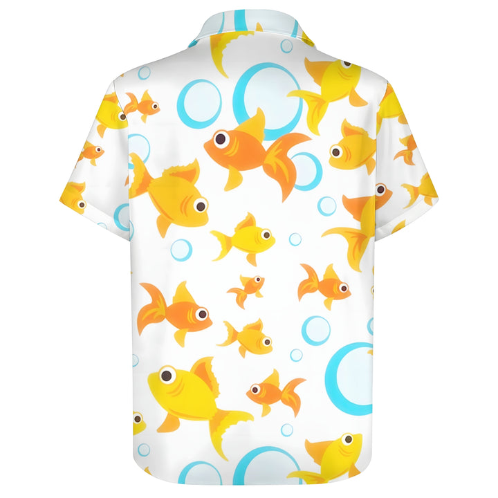 Cartoon Goldfish Bubble Print Hawaiian Casual Short Sleeve Shirt 2404000882