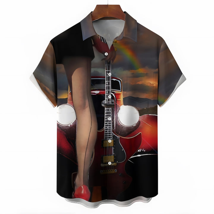 Retro Car Girl Guitar Music Casual Short Sleeve Shirt 2404000714