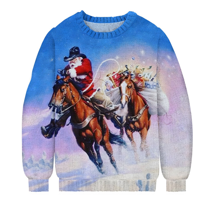 Santa Claus Horseback Delivering Gifts Printed Knitted Crewneck Sweater 2411010432