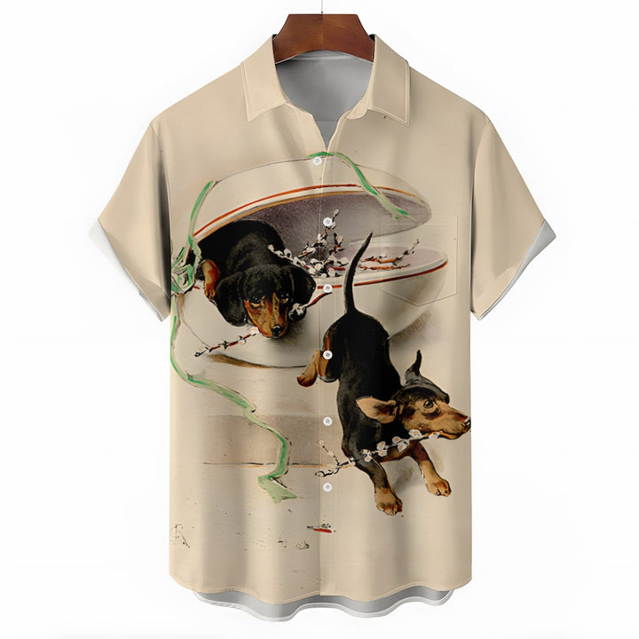 Dachshund Holiday Print Casual Short Sleeve Shirt 2410003716