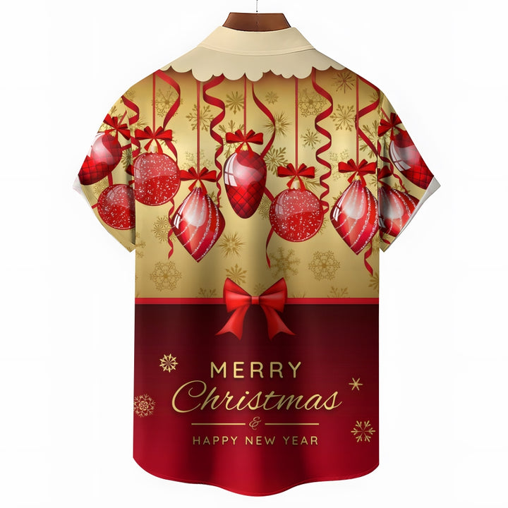 Merry Christmas Decorative Ribbons Print Short Sleeve Shirt 2412007989