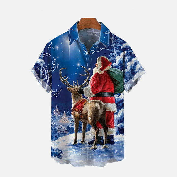 Retro Santa And Elk Under Starry Night Sky Printing Short Sleeve Shirt