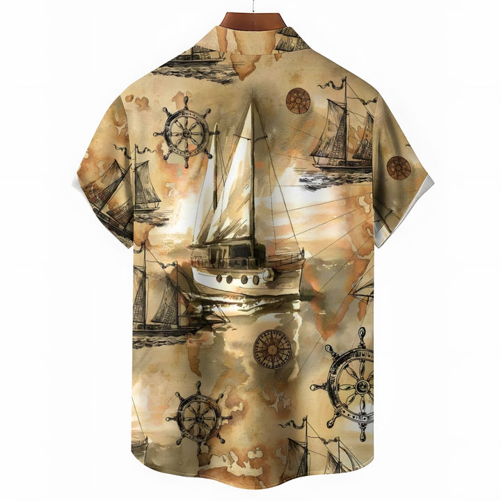 Nautical Sailboat Art Watercolor Print Casual Short Sleeve Shirt 2412004837