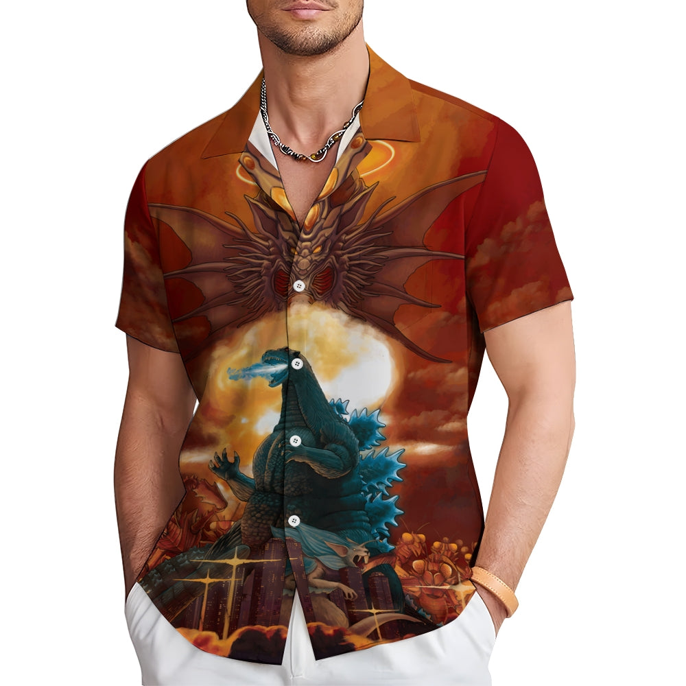 Godzilla Print Casual Short Sleeve Shirt 2408009576