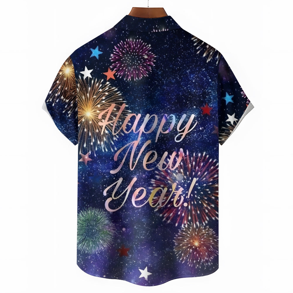 Happy New Year Fireworks Print Casual Short Sleeve Shirt 2410009056