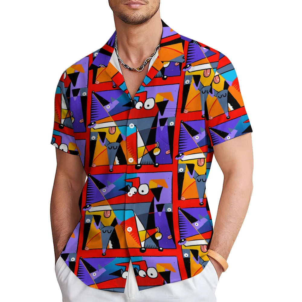 Geometric Hound Print Casual Short Sleeve Shirt 2409001584