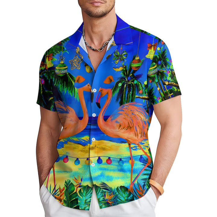 Christmas Flamingo Lantern Print Short Sleeve Shirt 2411008108