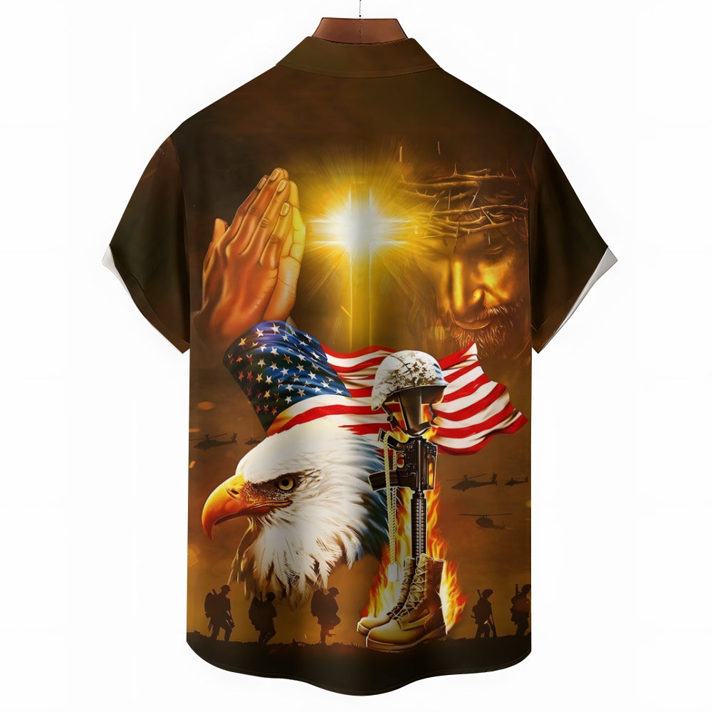 Christian Patriotic Military Print Short Sleeve Shirt 2411004029