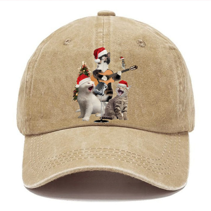 Unisex Vintage Casual Christmas Cat Print Washed Cap