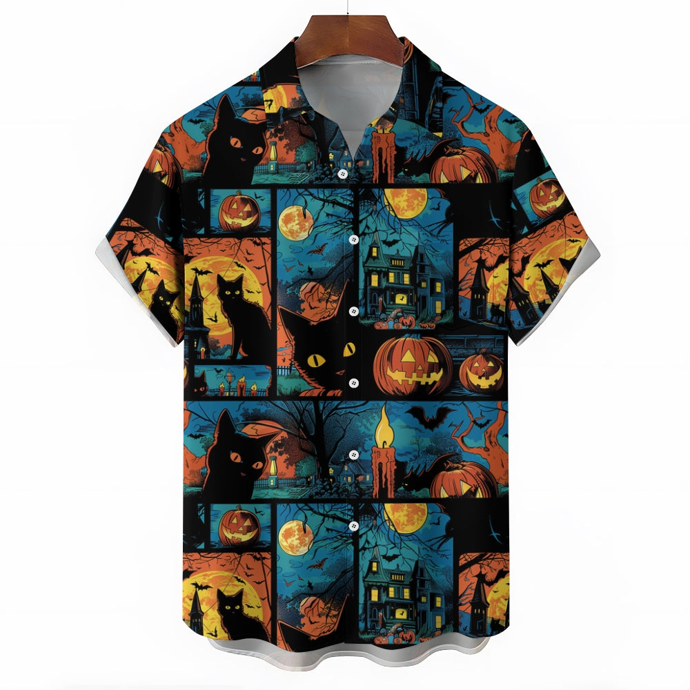 Black Cat Pumpkin Halloween Casual Large Size Short Sleeve Shirt 2407003695