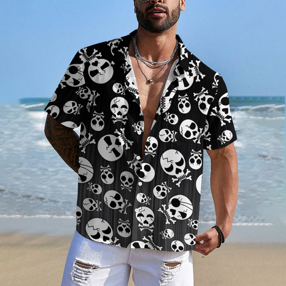 Skull Gradient Print Chest Pocket Short Sleeve Shirt 2411006379