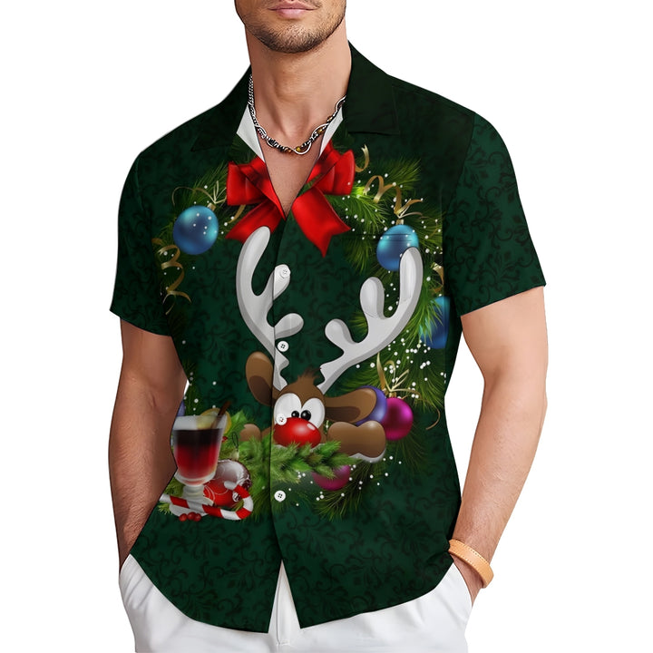 Men's Christmas Decoration Elk Print Short Sleeve Shirt 2409011409