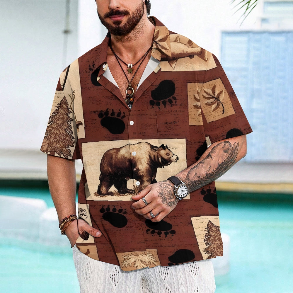 Brown Bear Paw Print Chest Pocket Short Sleeve Shirt 2411001997