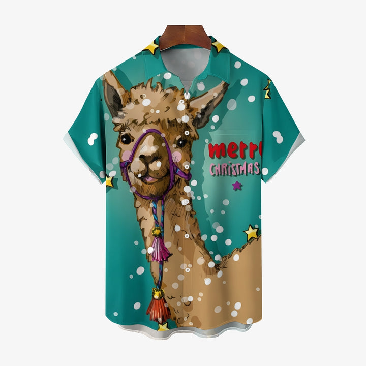 Men's Merry Christmas Alpaca Print Short Sleeve Shirt 2410006266