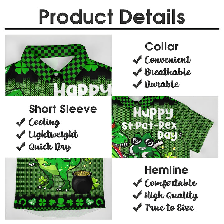 Four Leaf Clover Happy St. Patrick's Day Dinosaur Print Short Sleeve Shirt 2411002288