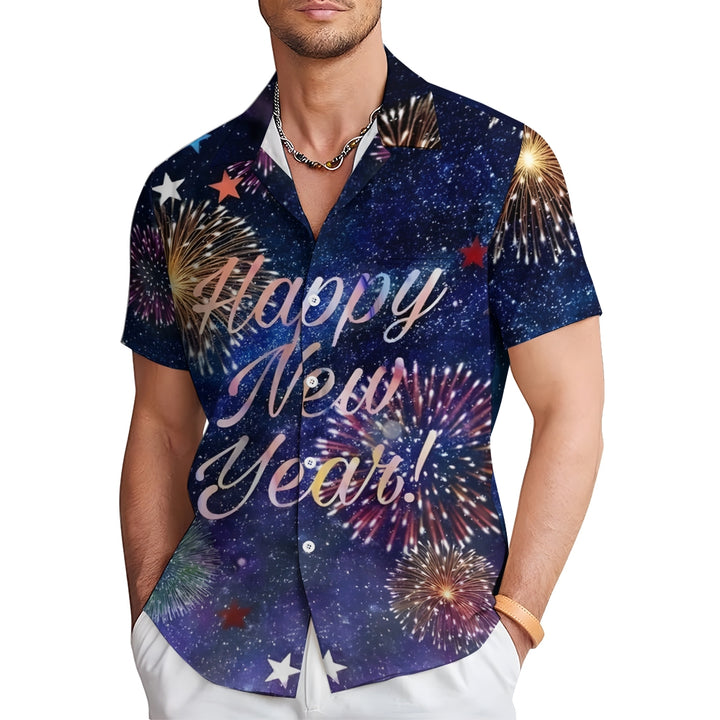 Happy New Year Fireworks Print Casual Short Sleeve Shirt 2410009056