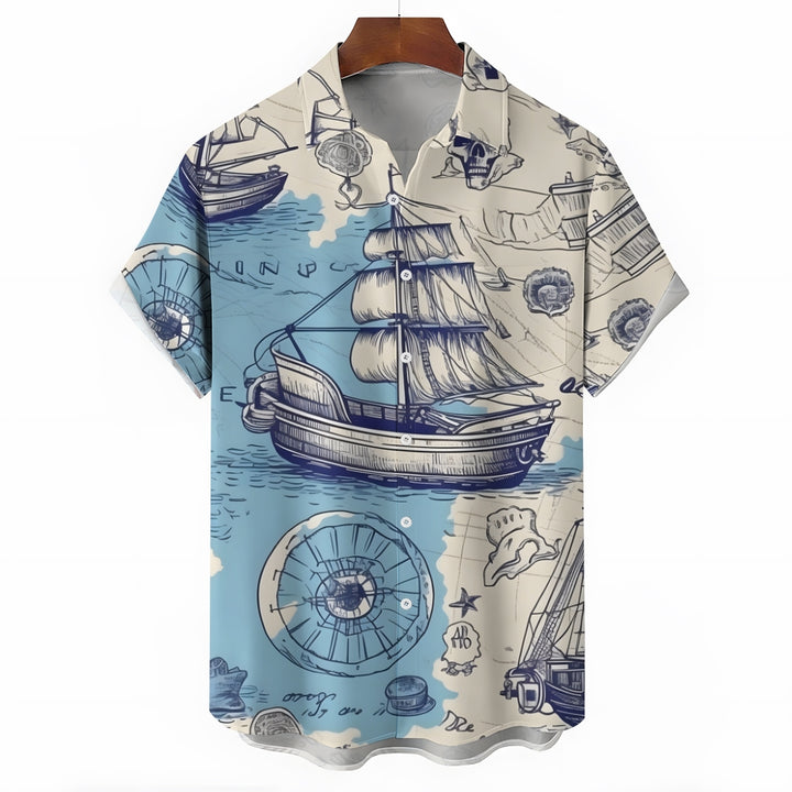 Nautical Sailboat Print Chest Pocket Short Sleeve Shirt 2411006014