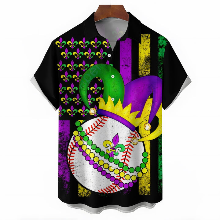 Men's Mardi Gras Baseball Print Casual Short Sleeve Shirt 2412002277