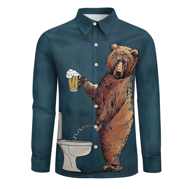 Fun Bear Beer Print Casual Long Sleeve Shirt