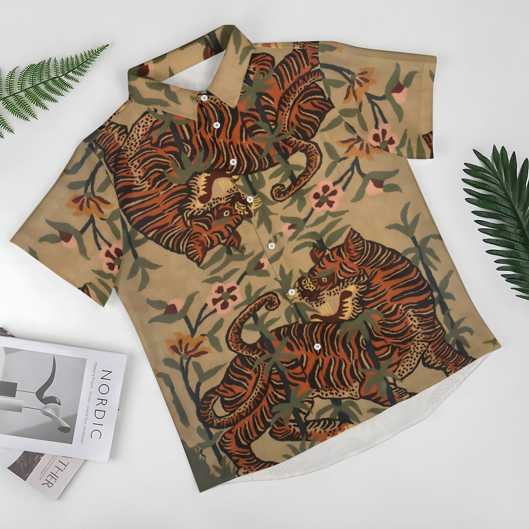 Men's Vintage Tiger Art Print Casual Short Sleeve Shirt 2403000727