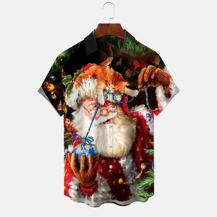 Christmas Santa Claus Cat Pocket Button Casual Short Sleeve Shirt