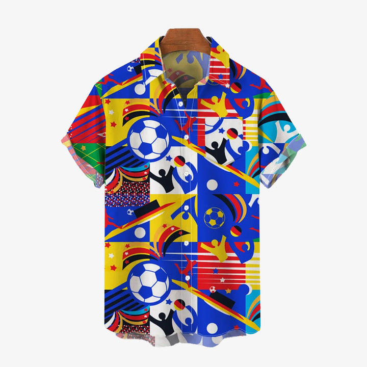 Color Block Football Graffiti Print Bamboo Linen Short Sleeve Shirt