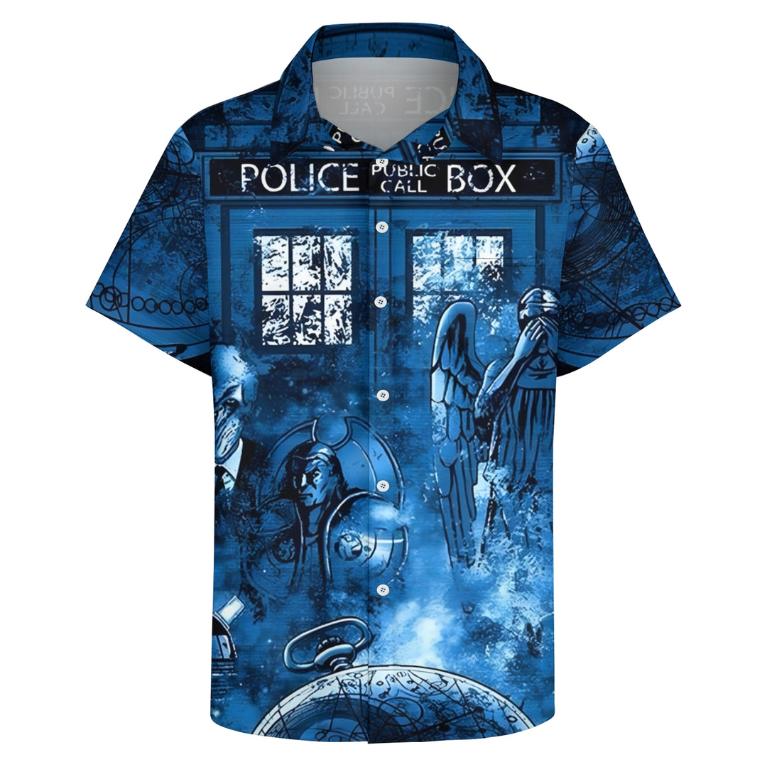 Eye-catching sci-fi Mr. Mystery watch Devil and Angel Doctor Time Travel Box Print Hawaiian Short Sleeve Shirt 2404001867