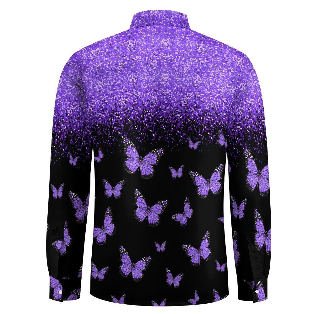 Men's Purple Glitter Butterfly Printed Long Sleeve Shirt 2412005344