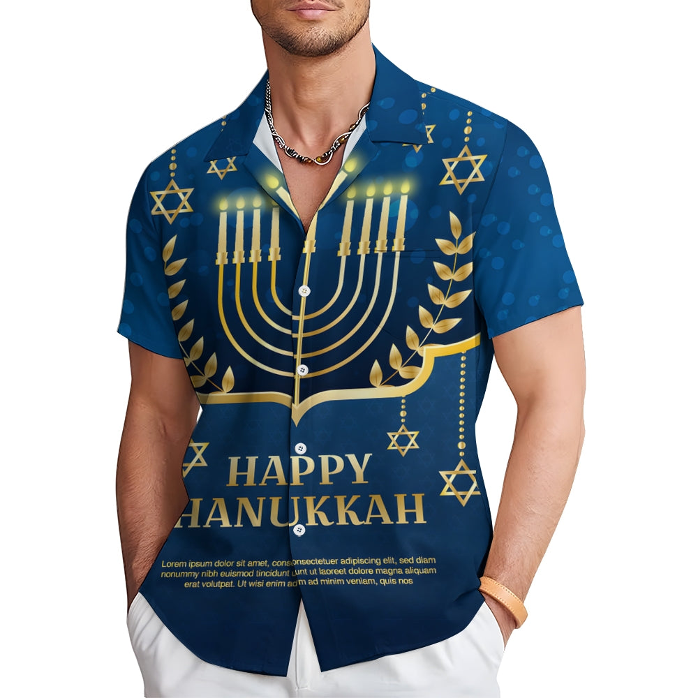 Happy Hanukkah Candle Print Short Sleeve Shirt 2411011956