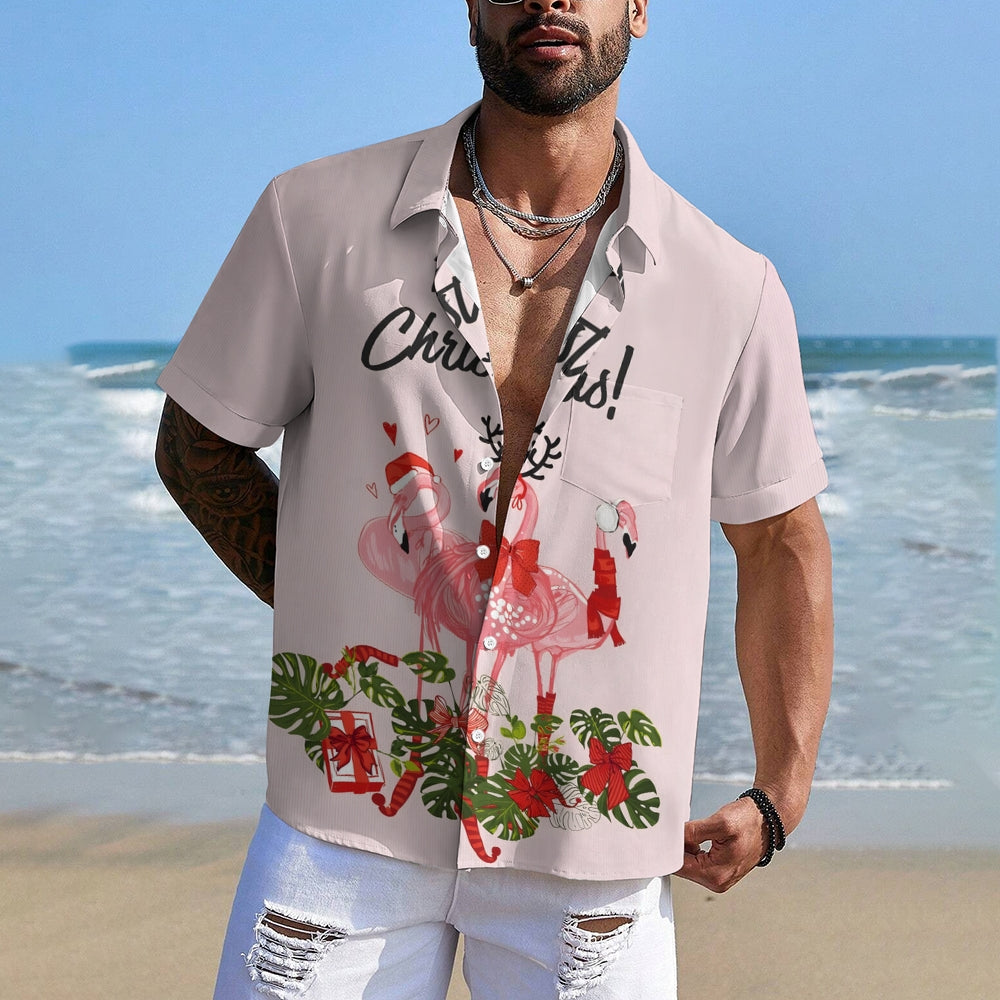 Merry Christmas Flamingo Casual Short Sleeve Shirt 2411008104