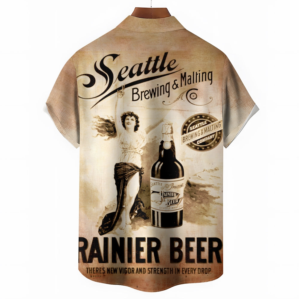 Beer Poster Print Casual Short Sleeve Shirt 2408008426