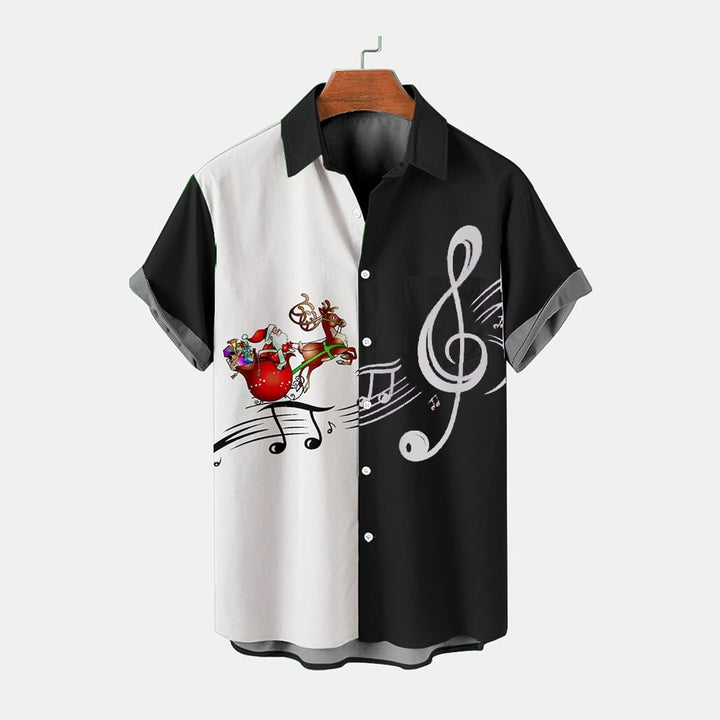 Men's Christmas Casual Contrast Santa Claus Music Print Shirt