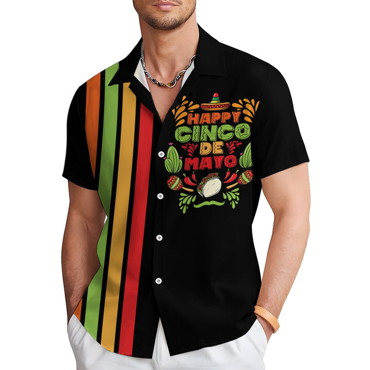 Happy Cinco De Mayo Themed Stripes Casual Short Sleeve Shirt 2403000780