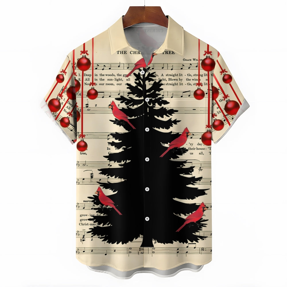 Sheet Music Christmas Tree Print Casual Short Sleeve Shirt 2410002063