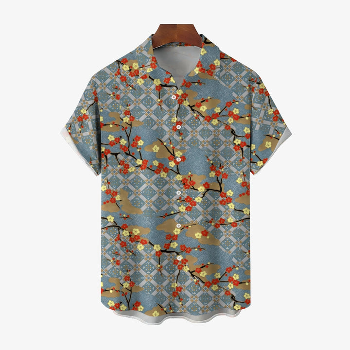 Plum Blossom Geometric Print Casual Oversized Short Sleeve Shirt 2407003506