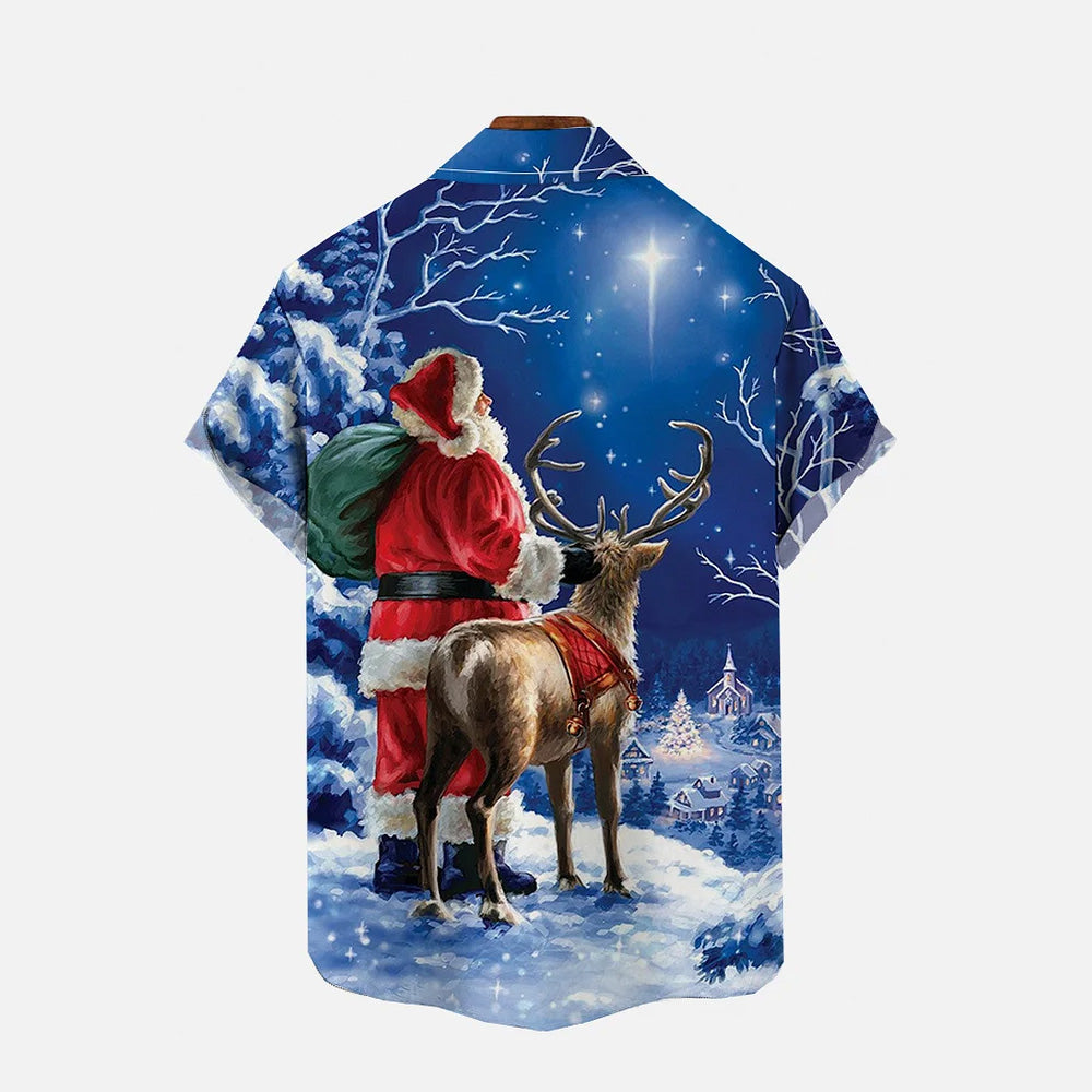 Retro Santa And Elk Under Starry Night Sky Printing Short Sleeve Shirt