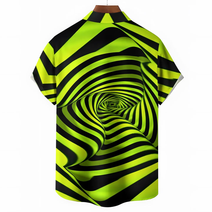 Men's Fluorescent Green Spiral Stripe Print Short Sleeve Shirt 2410008354