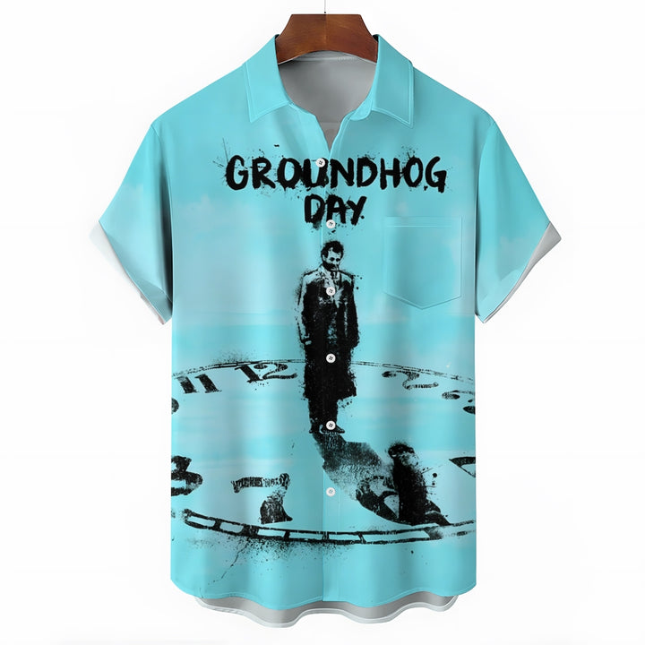 Groundhog Day Clock Print Casual Short Sleeve Shirt 2412003928