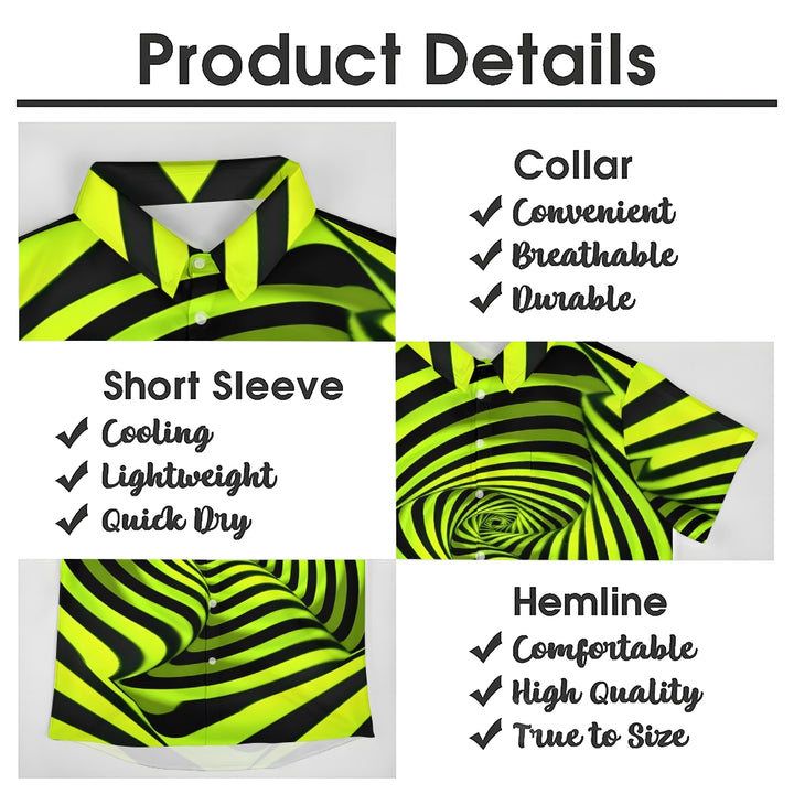 Men's Fluorescent Green Spiral Stripe Print Short Sleeve Shirt 2410008354