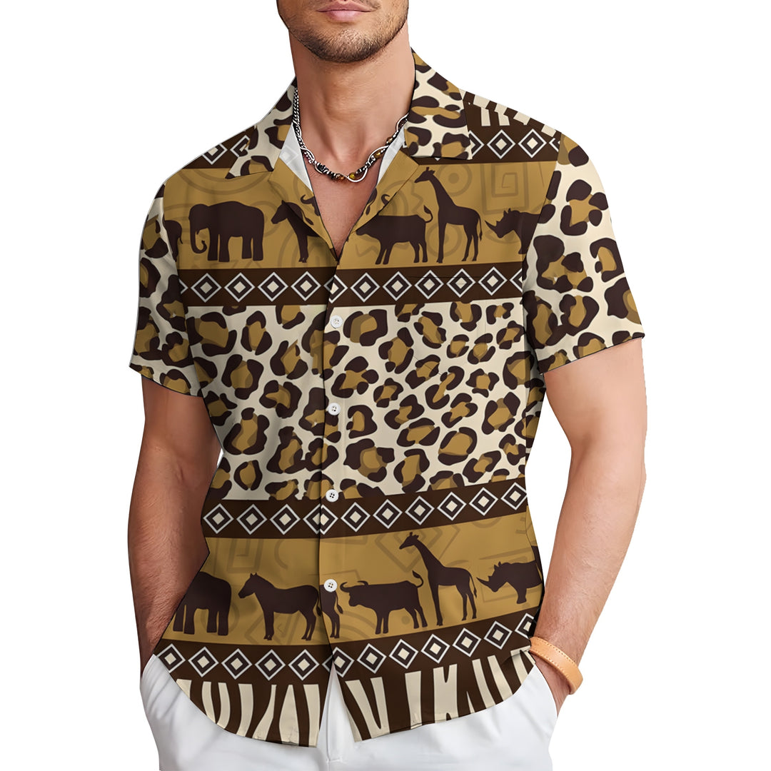 African Savannah Wildlife Print Casual Short Sleeve Shirt 2404001397