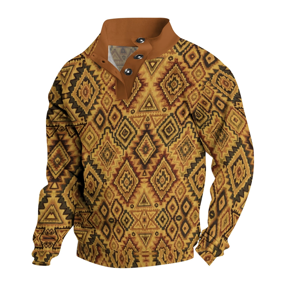 Men's Button Retro Geometric Rhombus Printed Casual Long Sleeve Sweatshirt 2410002512