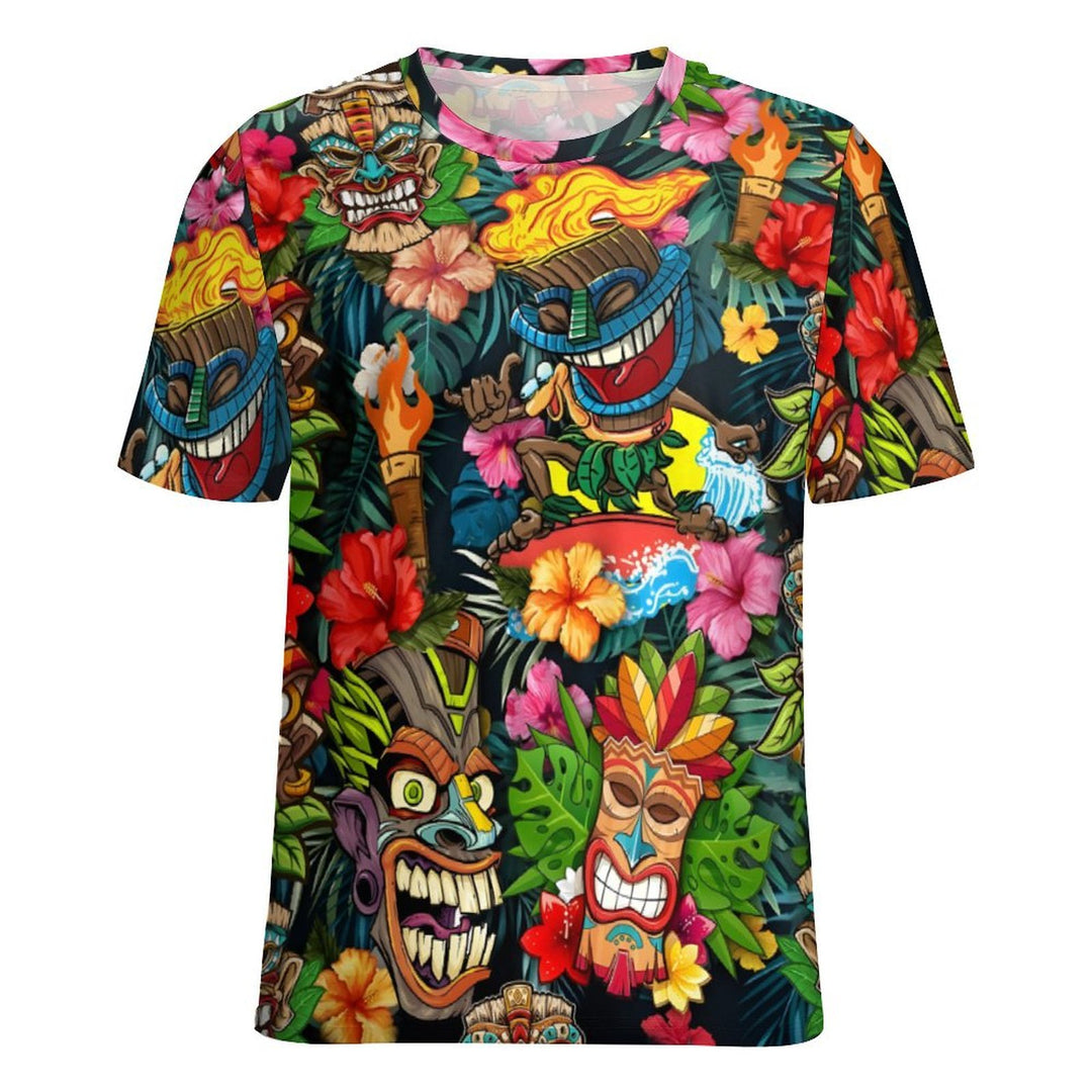 Men's Round Neck Tiki Art Casual T-Shirt 2404000507