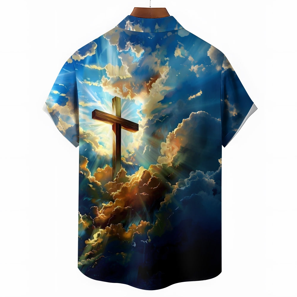 Cross Print In The Clouds Casual Easter Shirt 2412008949