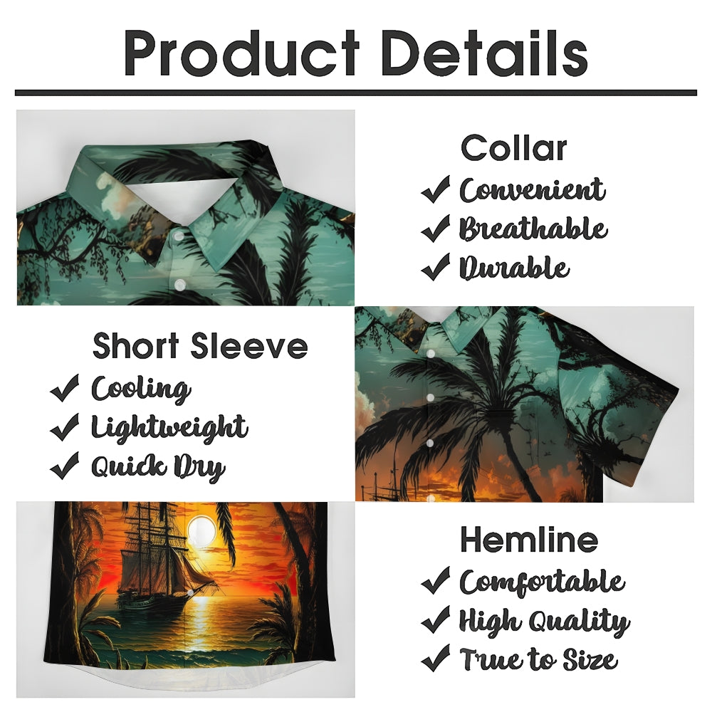 Men's Hawaiian Coconut Tree And Sailboat Print Casual Short Sleeve Shirt 2404001928
