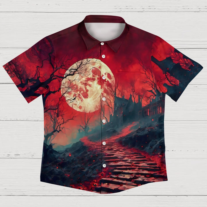 Red Moonlight Horror Castle Printed Casual Large Size Short Sleeve Shirt 2407000593