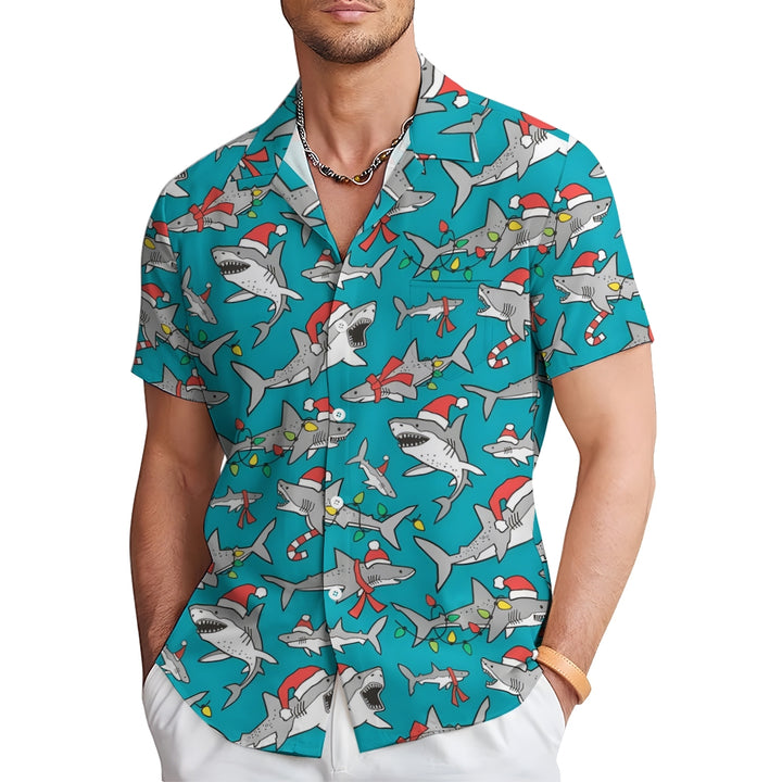 Christmas Shark Print Casual Oversized Short Sleeve Shirt 2407005541