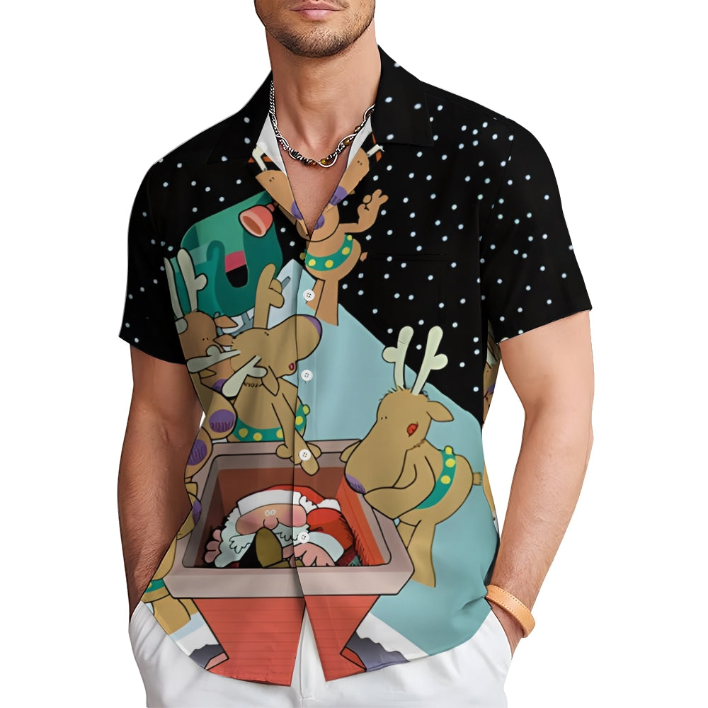 Christmas Fun Reindeers and Santa Claus Casual Short Sleeve Shirt 2412004885