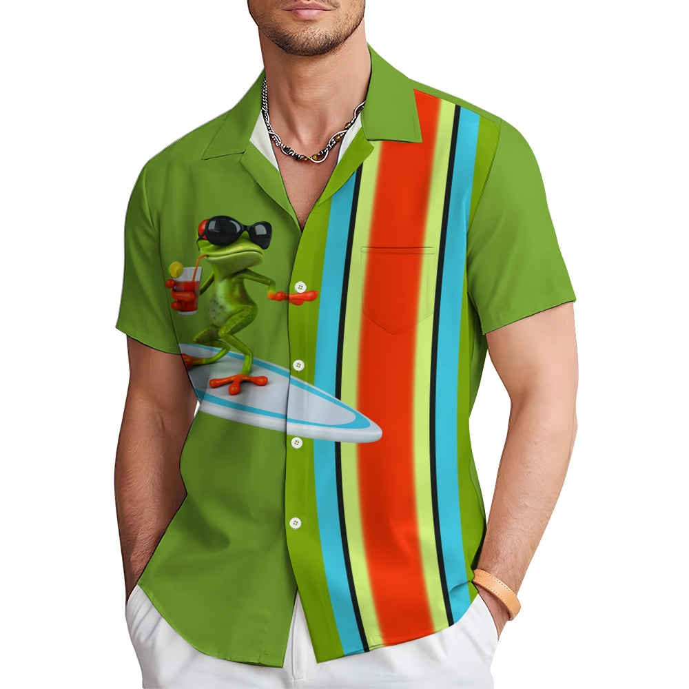 Cartoon Surf Frog Print Casual Short Sleeve Shirt 2405001042