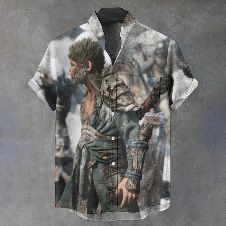 Men's Stand Collar Black Myth wukong Printed Short Sleeve Shirt