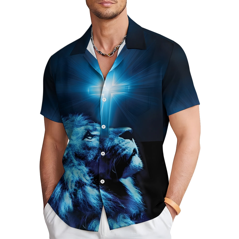 Christian Cross Lion Print Short Sleeve Shirt 2411011903